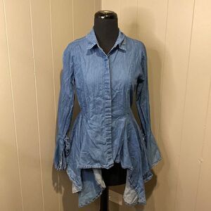 Fashion Web Small Top Shirt Dress Blue Hidden Button Down High Low Hem